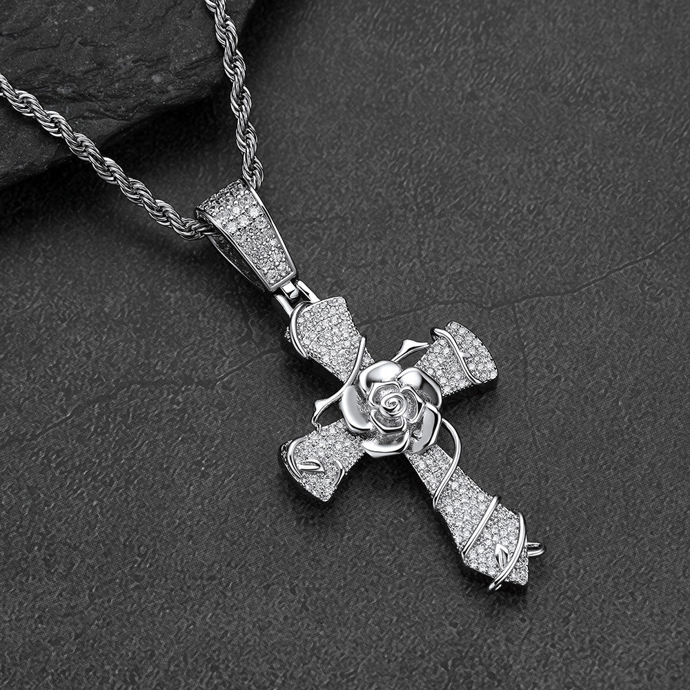 Gothic thorns rose crucifix cross necklace
