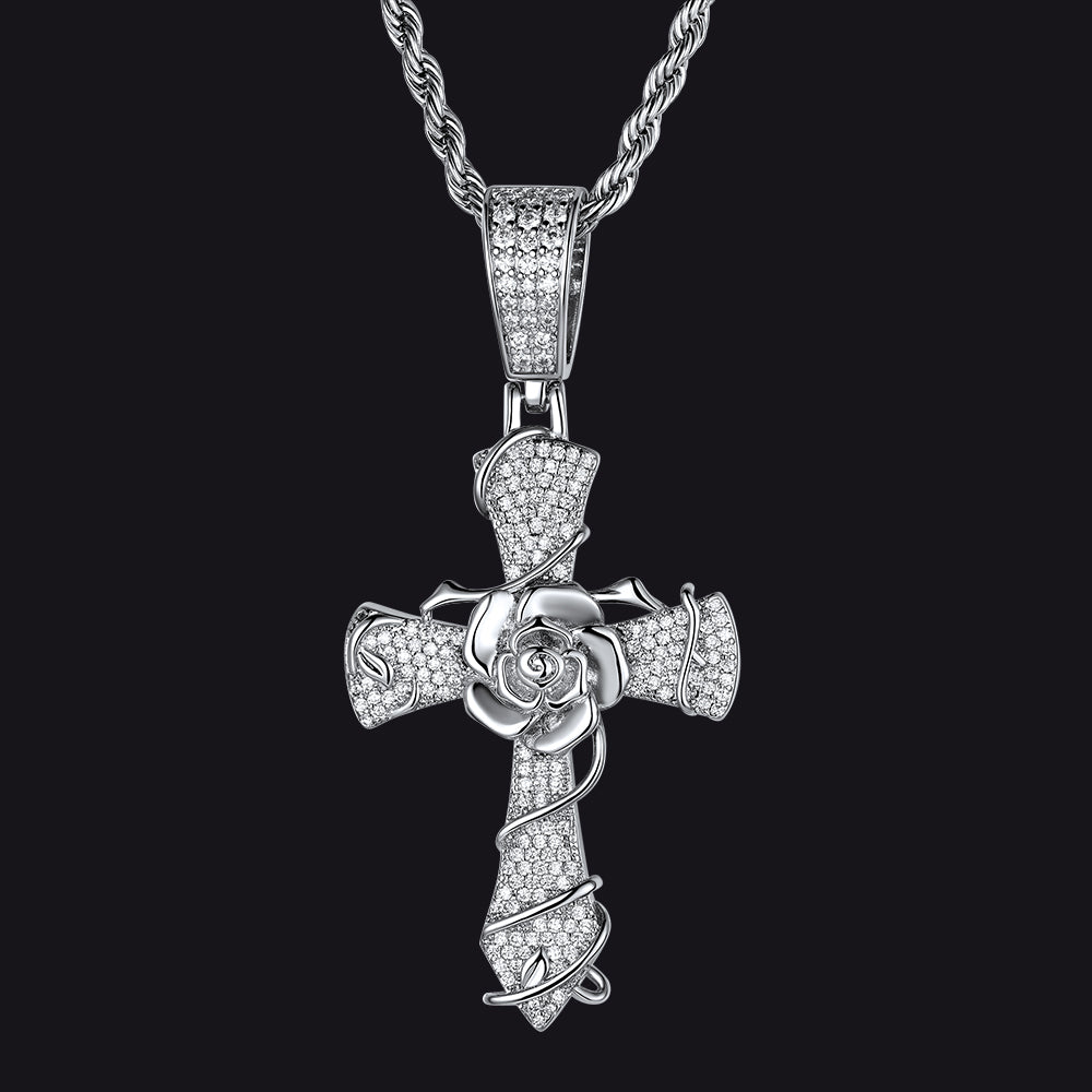 Cubic zirconia gothic thorns rose crucifix cross pendant necklace for men