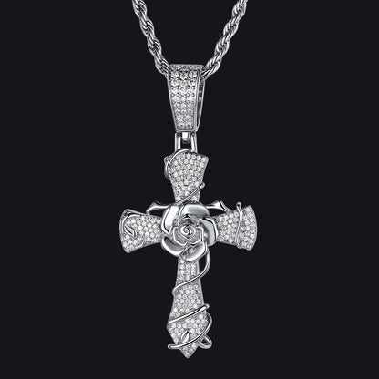 Cubic zirconia gothic thorns rose crucifix cross pendant necklace for men