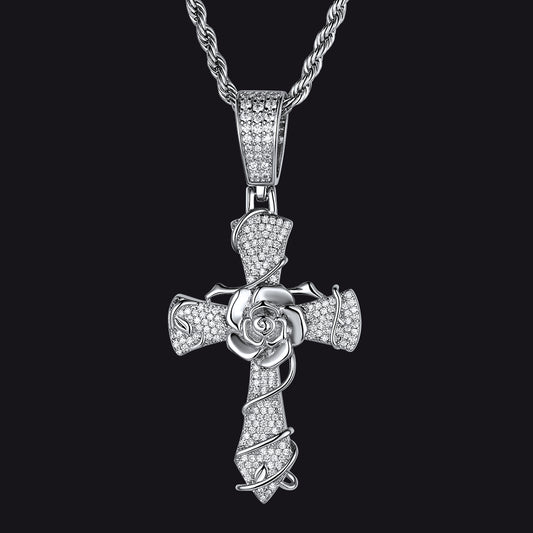 Cubic zirconia gothic thorns rose crucifix cross pendant necklace for menimg