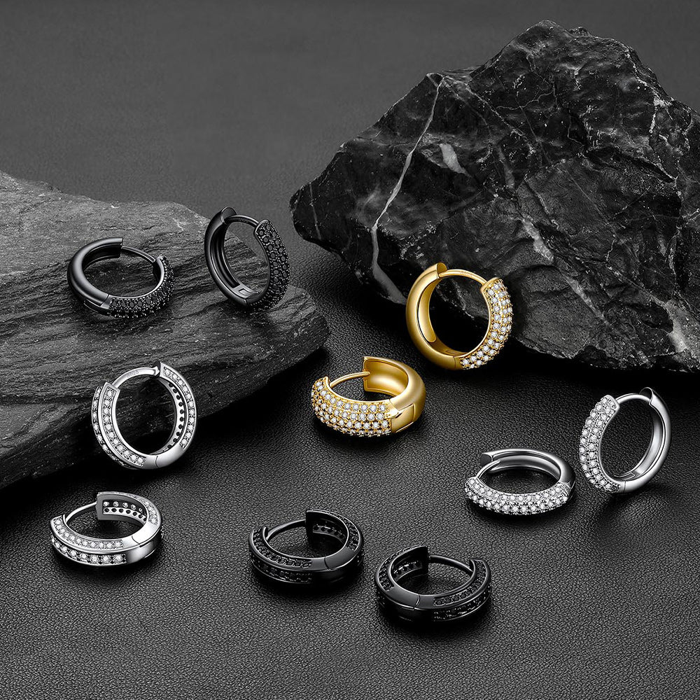 Cubic zirconia hoop earrings in silver, gold and black finishes, multiple color options for men's bling jewelry