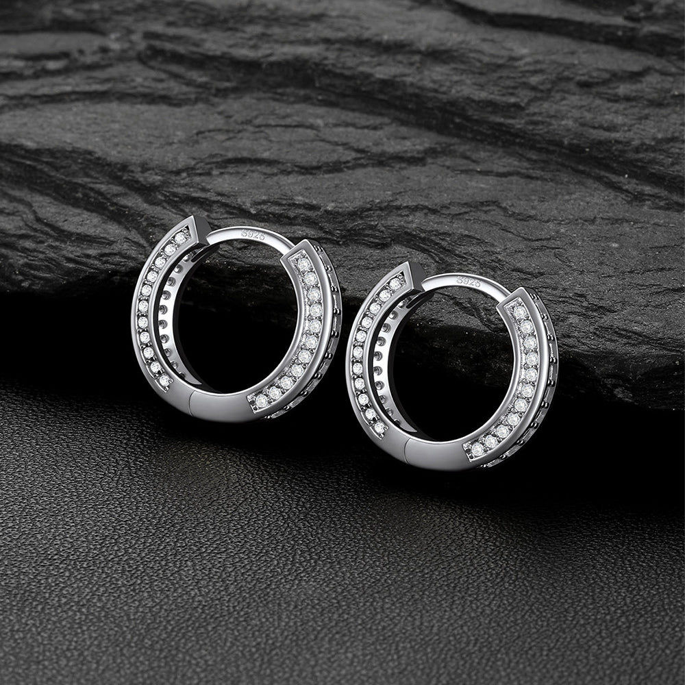 CZ hoop earrings flat lay, bling hip hop earrings for men