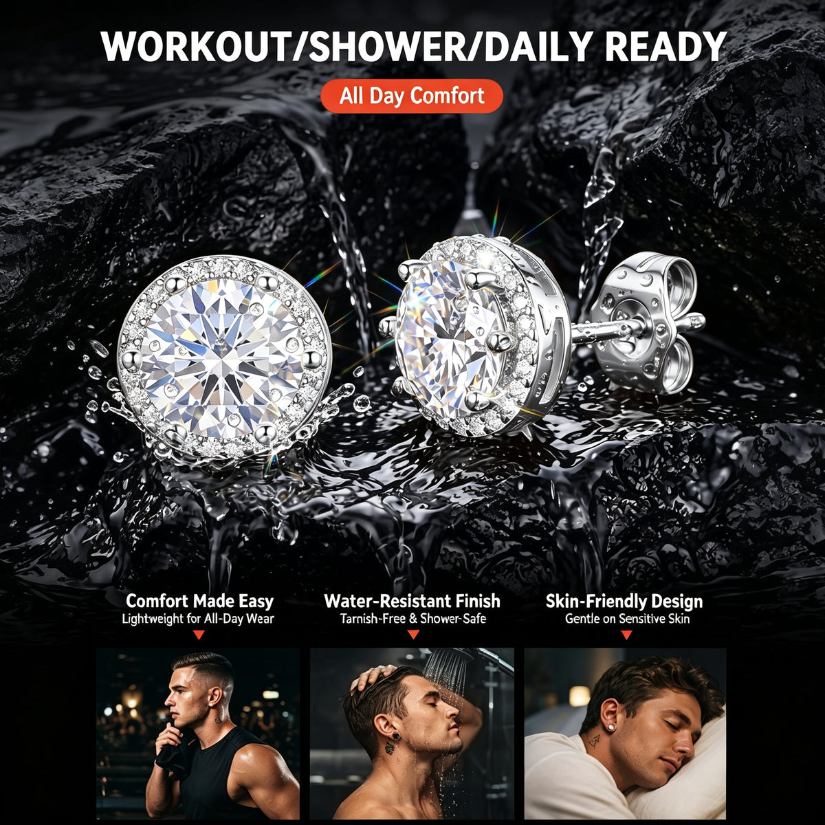 Cubic Zirconia Stud Earrings Halo Ear Piercing for Men Women