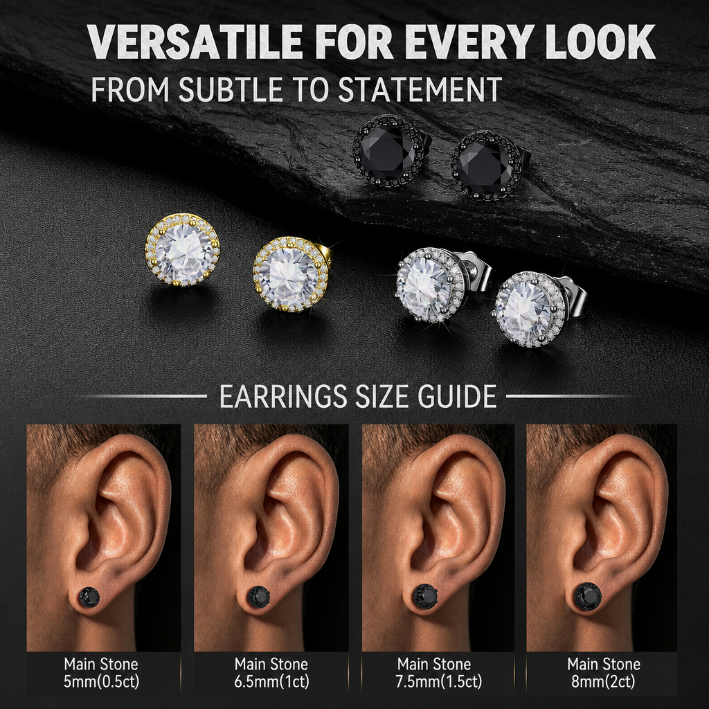  Gemstone stud earrings in silver, yellow gold, and black settings.
