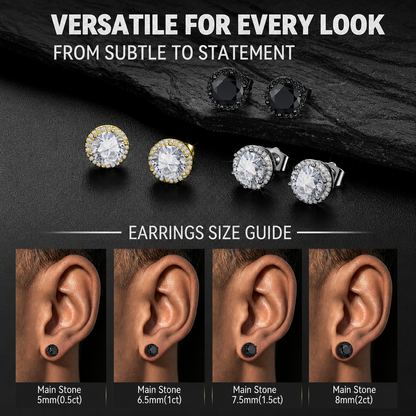  Gemstone stud earrings in silver, yellow gold, and black settings.