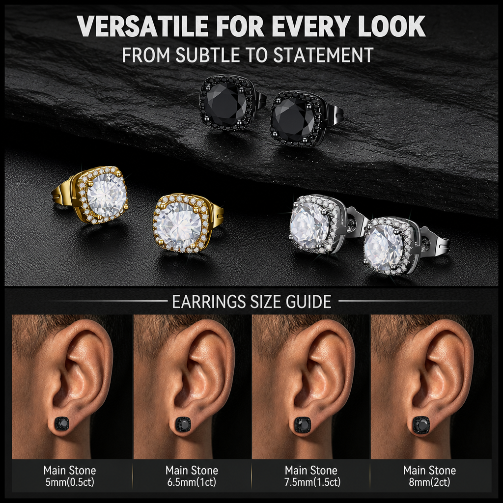 The stone stud earrings feature square-cut clear gemstones in black, gold, and silver.