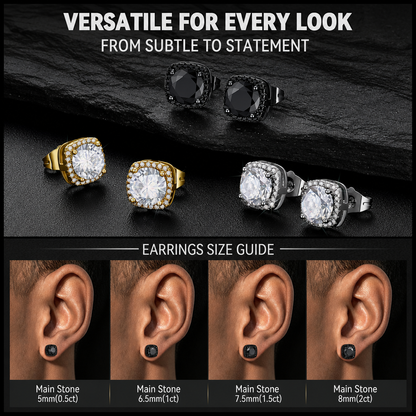 The stone stud earrings feature square-cut clear gemstones in black, gold, and silver.