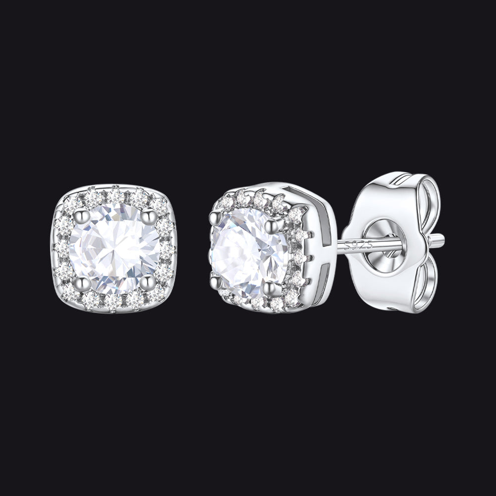 Silver Cubic Zirconia Stud Square Earrings for Men Women - FaithHeart Jewelry