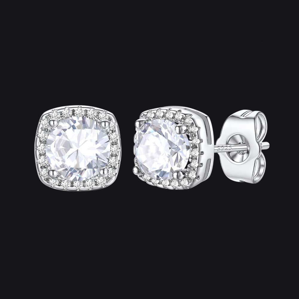 Silver Cubic Zirconia Stud Square Earrings for Men Women - FaithHeart Jewelry