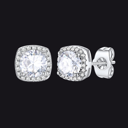 Silver Cubic Zirconia Stud Square Earrings for Men Women - FaithHeart Jewelry