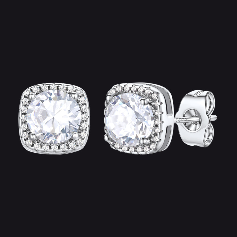 Silver Cubic Zirconia Stud Square Earrings for Men Women - FaithHeart Jewelry