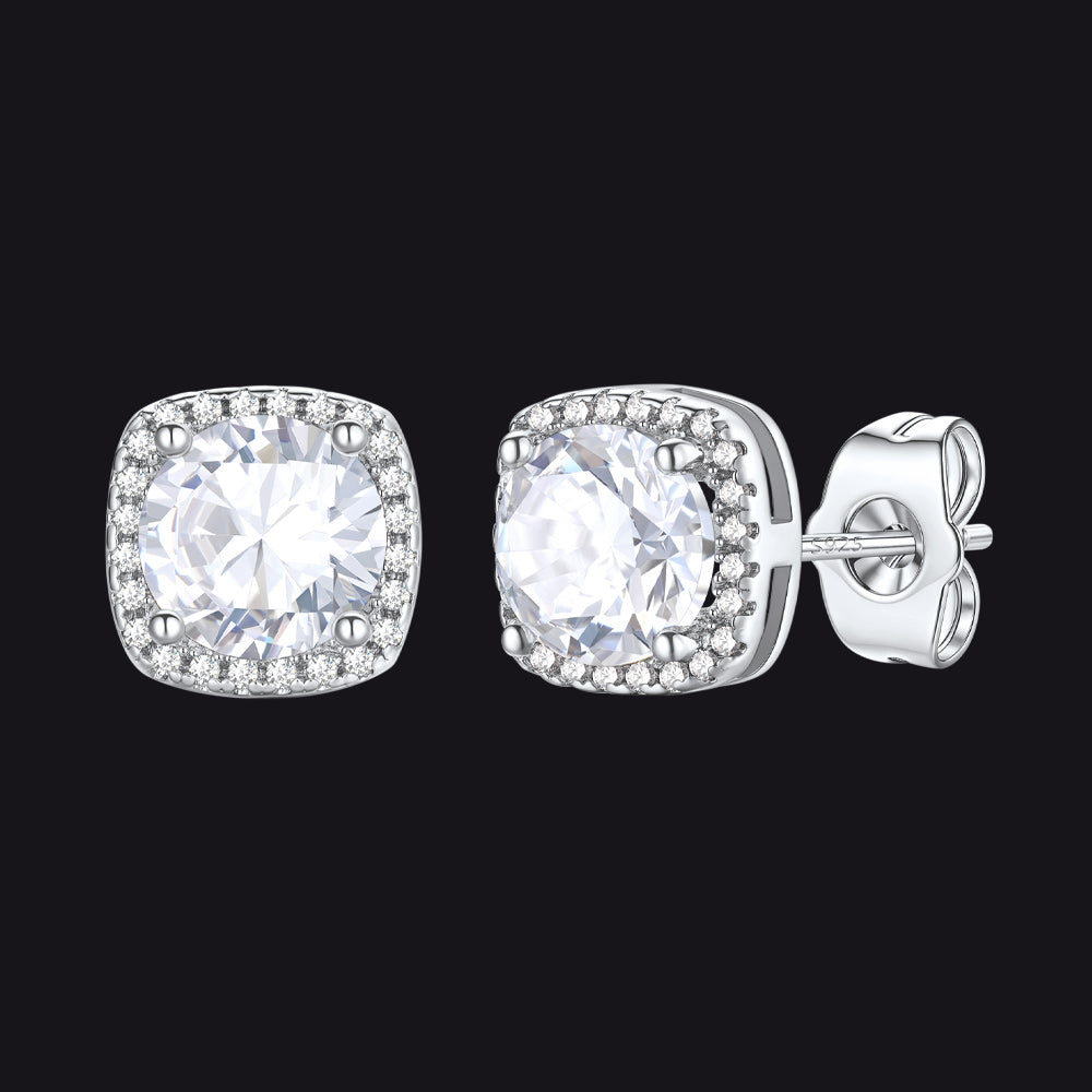 Silver Cubic Zirconia Stud Square Earrings for Men Women - FaithHeart Jewelry