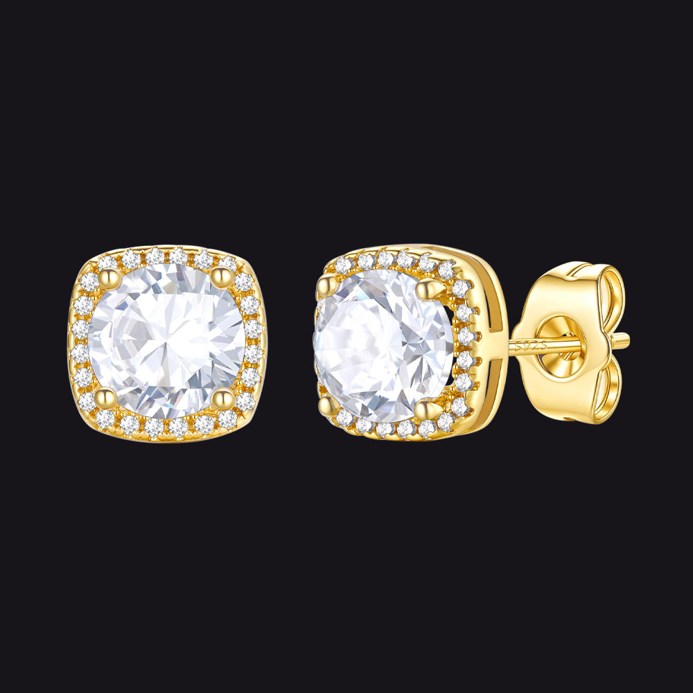 Gold Cubic Zirconia Stud Square Earrings for Men Women - FaithHeart Jewelry