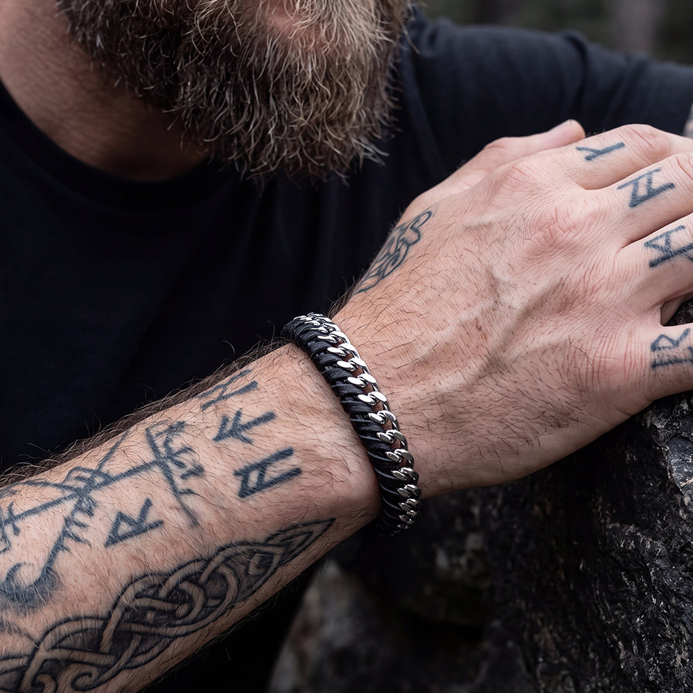 Curb Chain Braided Wristband Leather Bracelet for Men Dad