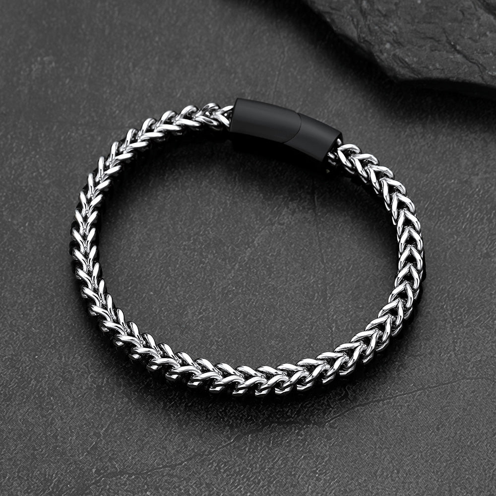 Front and side view of curb chain leather bracelet, stainless steel links with braided leather wristband