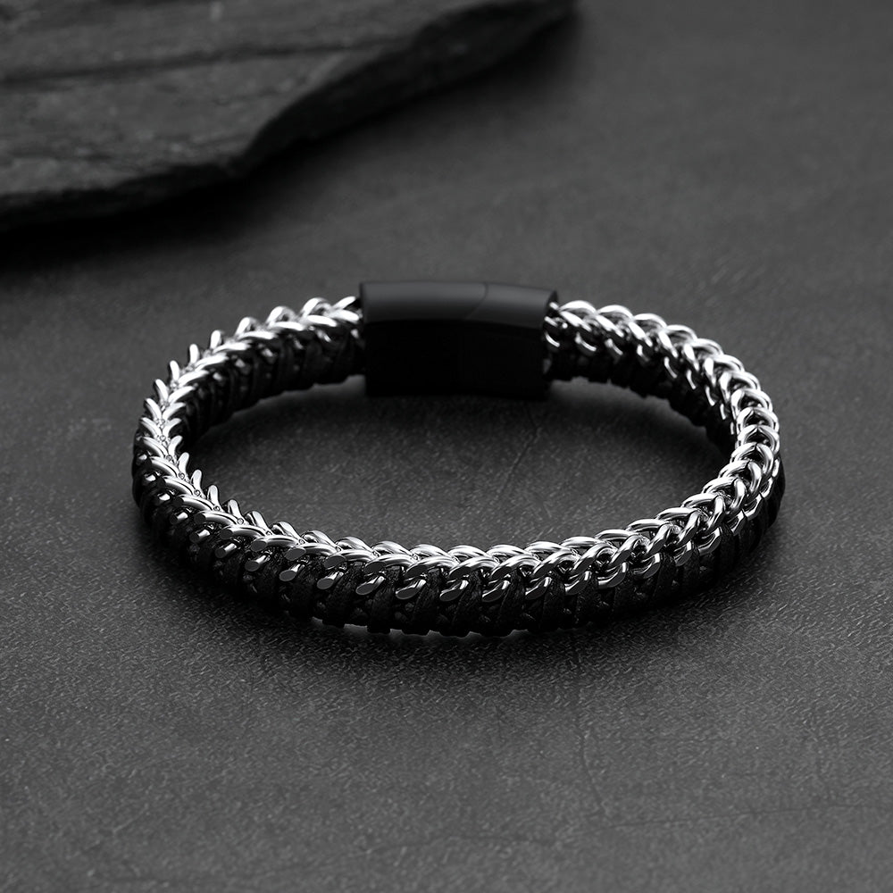 Front and side view of curb chain leather bracelet, stainless steel links with braided leather wristband