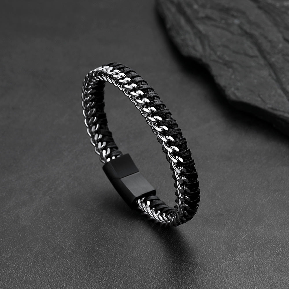 Curb chain and braided leather hybrid bracelet