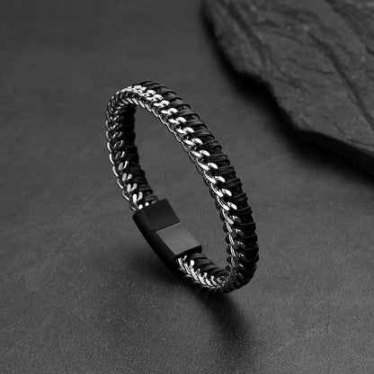 Curb chain and braided leather hybrid bracelet