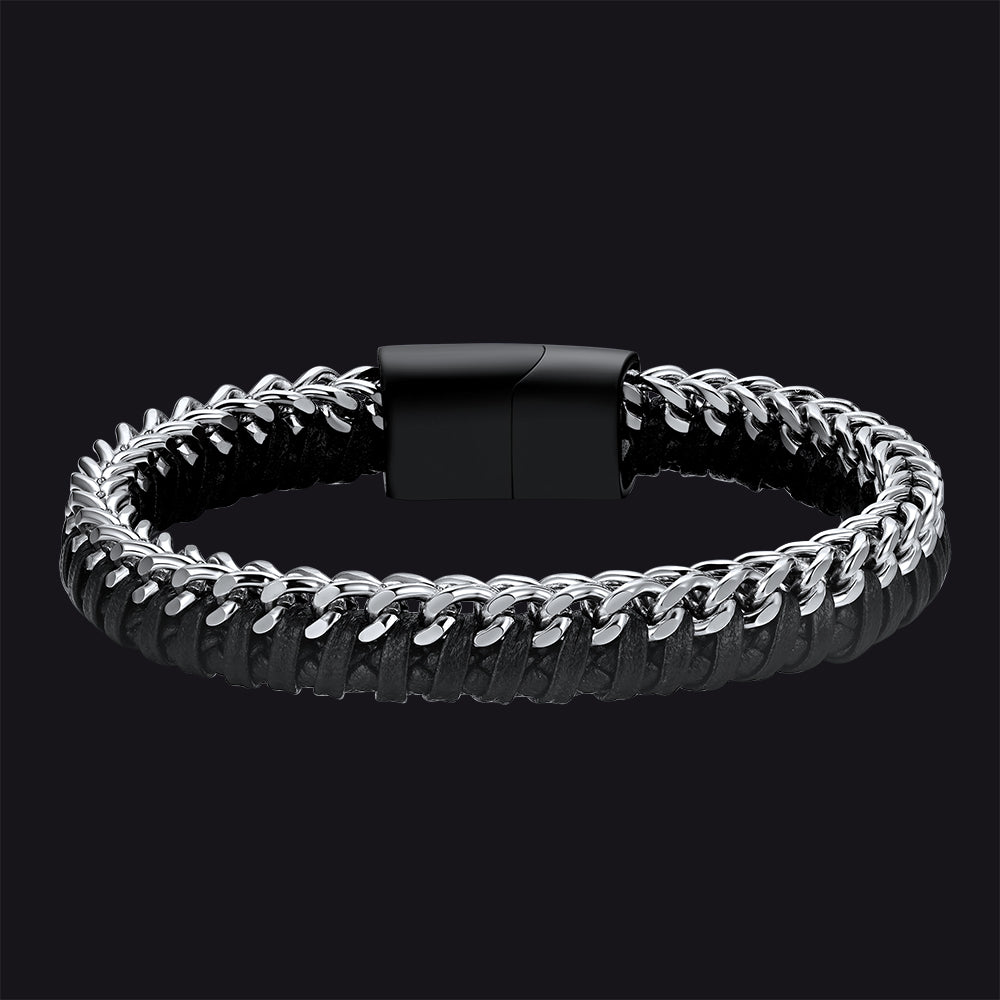 Curb chain braided wristband leather bracelet for men