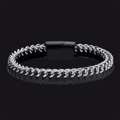 Curb chain braided wristband leather bracelet for men