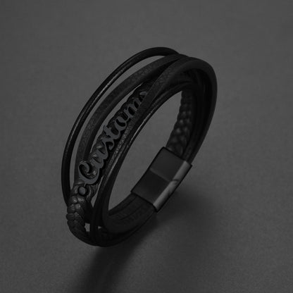 Custom Clasp Braided Leather Wristband Bracelet for Men Son Lover