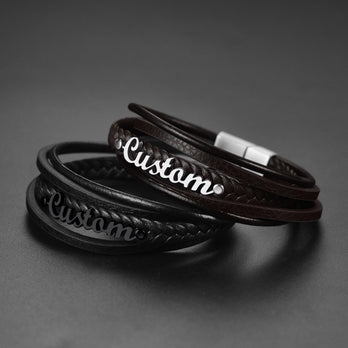 Custom Clasp Braided Leather Wristband Bracelet for Men Son Lover