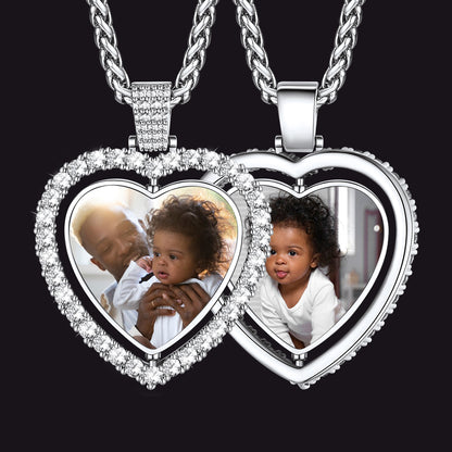 Customized Double-side Heart Picture Photo Necklace with Cubic Zirconia