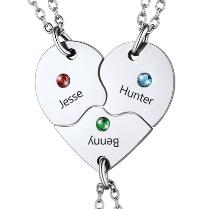 Custom Heart Matching Necklace with Birthstone for Couple Friend Girlfriend 2 Pcs
