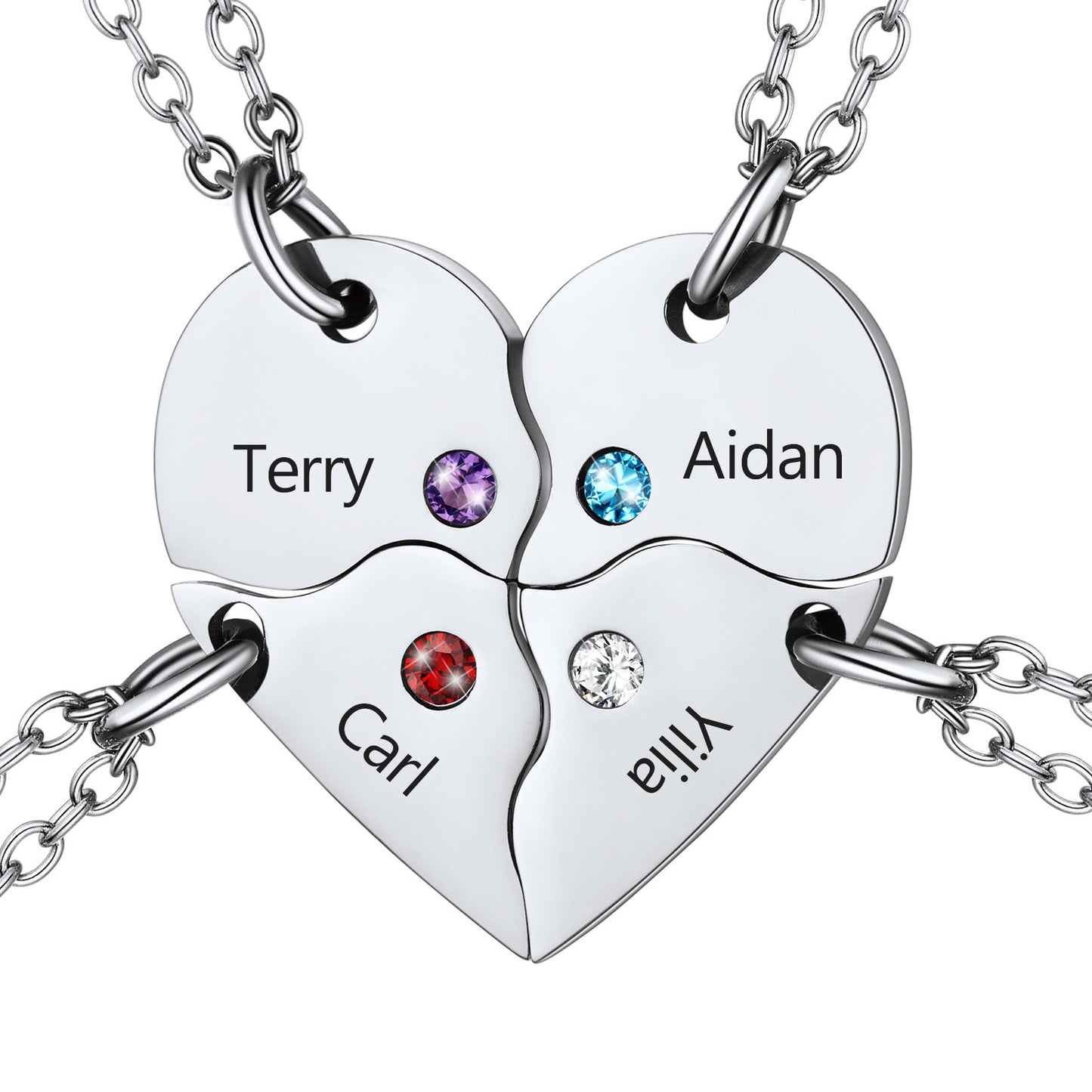 Custom Heart Matching Necklace with Birthstone for Couple Friend Girlfriend 2 Pcs