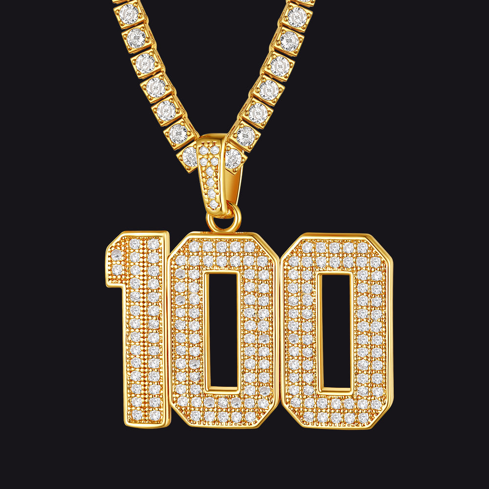 Gold necklace with '100' pendant on a black background