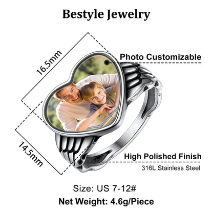 Bague personnalisée avec photo en forme de cœur et d'aile d'ange pour femme et homme
