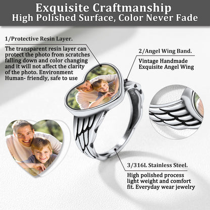 Bague personnalisée avec photo en forme de cœur et d'aile d'ange pour femme et homme