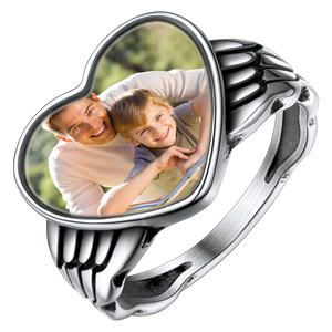 Personalized Photo Heart Angel Wing Ring