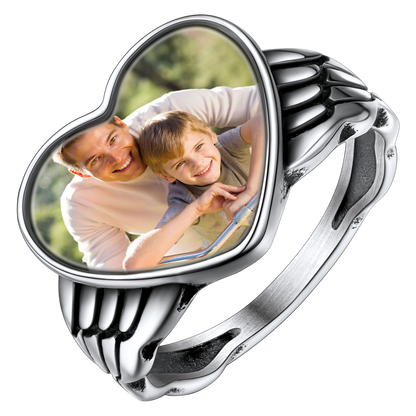 Bague personnalisée avec photo en forme de cœur et d'aile d'ange pour femme et homme