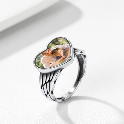 Bague personnalisée avec photo en forme de cœur et d'aile d'ange pour femme et homme
