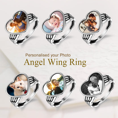 Bague personnalisée avec photo en forme de cœur et d'aile d'ange pour femme et homme