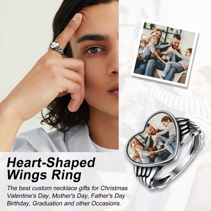 Bague personnalisée avec photo en forme de cœur et d'aile d'ange pour femme et homme
