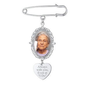 Memorial photo pin with engraved heart pendant