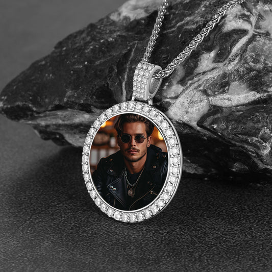 Silver Customized Zircon Picture Necklace Memorial Pendant for Men