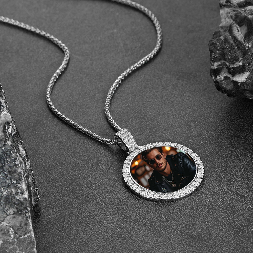 Silver Customized Zircon Picture Necklace Memorial Pendant for Men