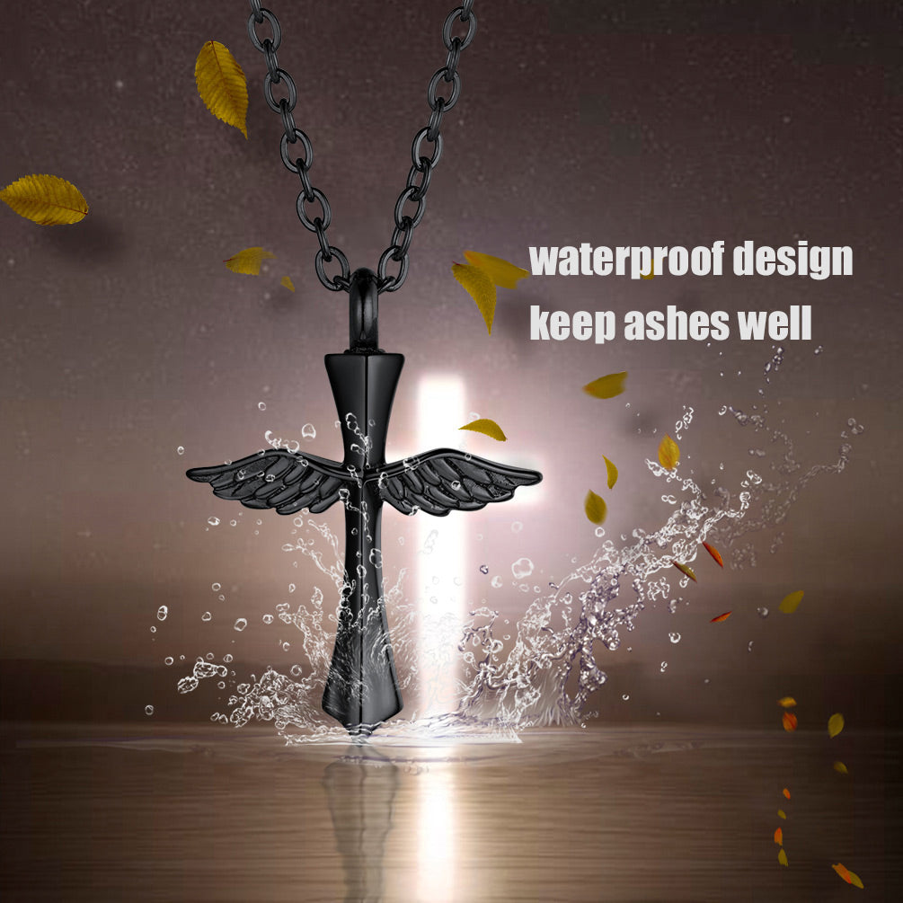 Custom Wings Cross Urn Pendant Cremation Necklace for Men Women