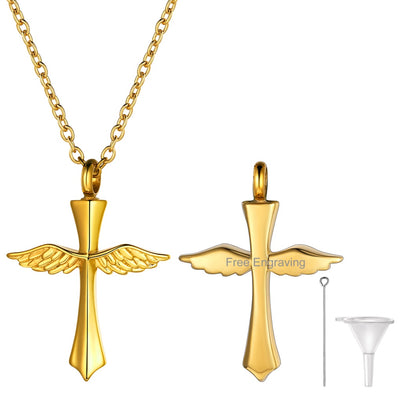 Custom Wings Cross Urn Pendant Cremation Necklace for Men Women