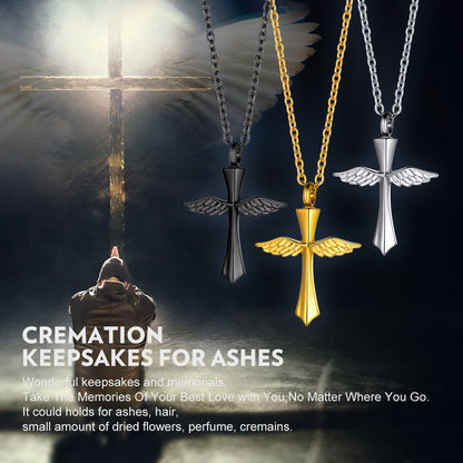 Custom Wings Cross Urn Pendant Cremation Necklace for Men Women