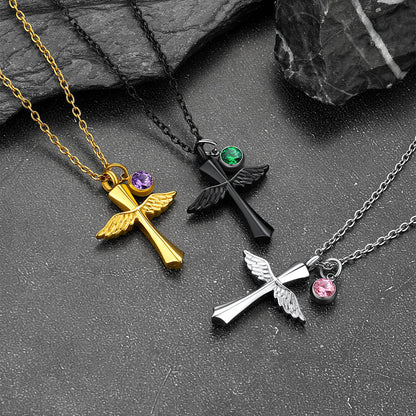 Custom Wings Cross Urn Pendant Cremation Necklace for Men Women