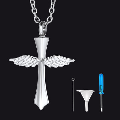 Custom Wings Cross Urn Pendant Cremation Necklace for Men Women