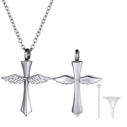 Custom Wings Cross Urn Pendant Cremation Necklace for Men Women