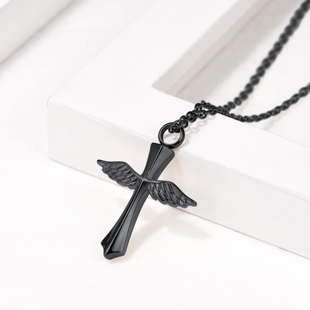 Custom Wings Cross Urn Pendant Cremation Necklace for Men Women