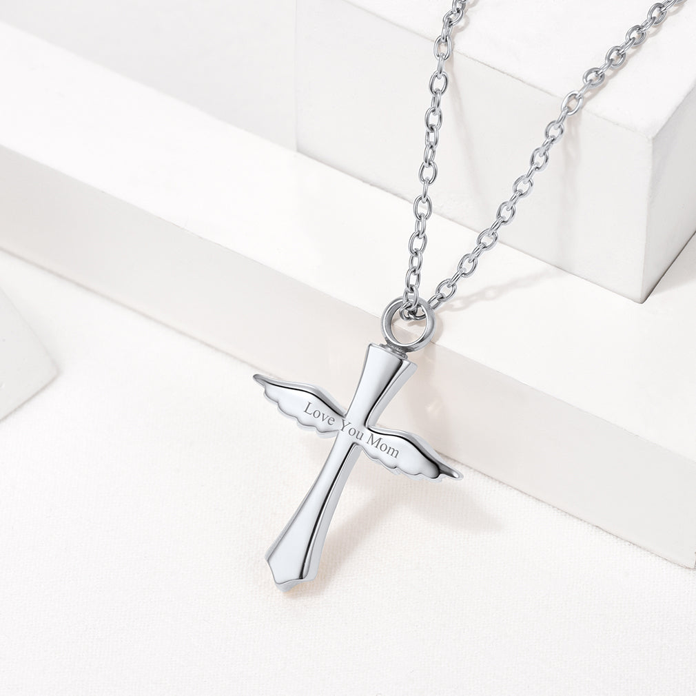 Custom Wings Cross Urn Pendant Cremation Necklace for Men Women