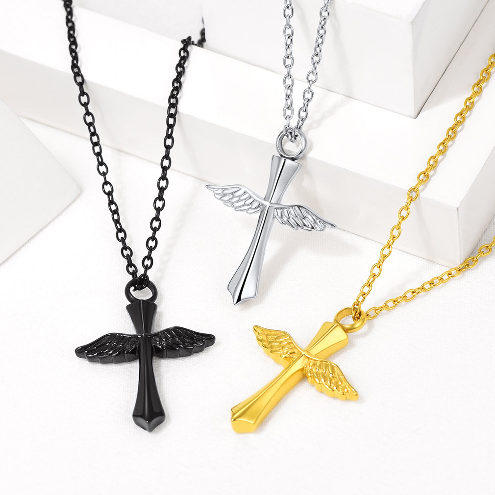Custom Wings Cross Urn Pendant Cremation Necklace for Men Women