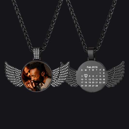 Angel's Wing Custom Zircon Photo Calendar Necklace for Men